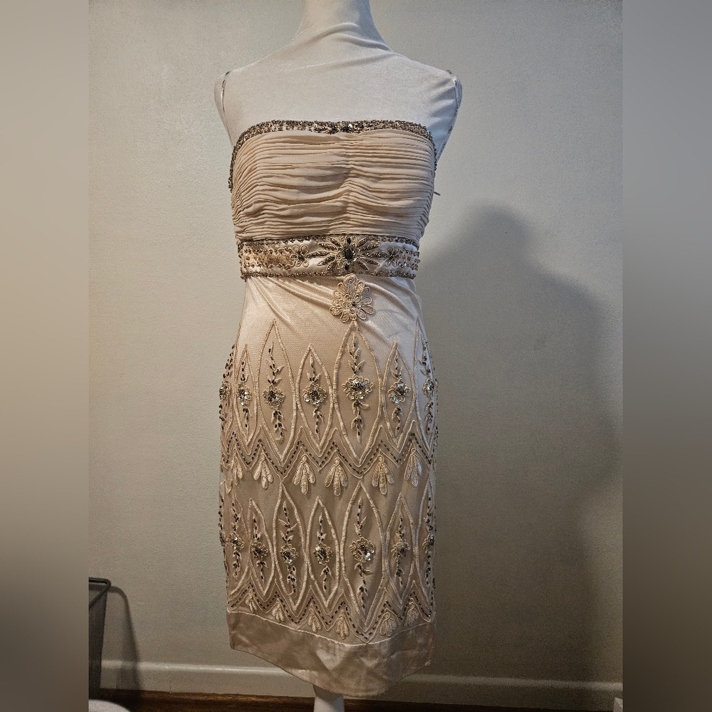 Sue Wong Beaded Cocktail Dress 6 Cream Flapper Style